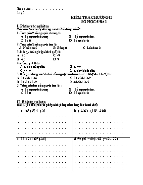 Kiểm tra chương II - Số học 6 - Đề 1, 2